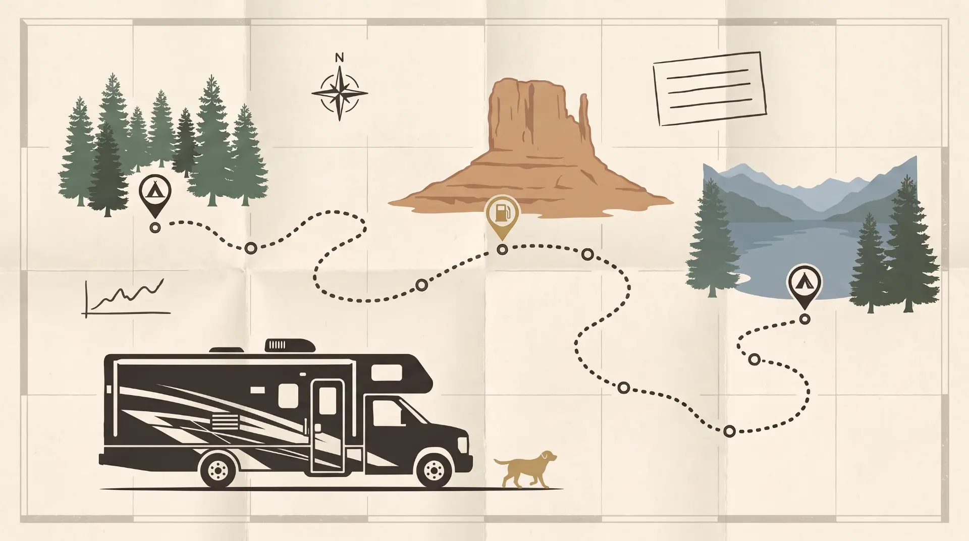 Illustration of an RV and dog beside a folded paper map with a dotted route running past forest, desert and lake stops