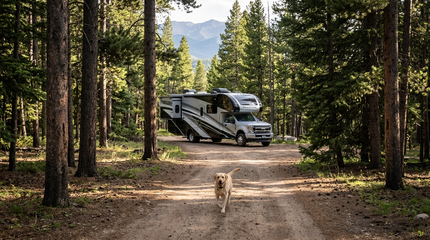 RV on a forest pull-through road among tall pines with a yellow lab trotting ahead