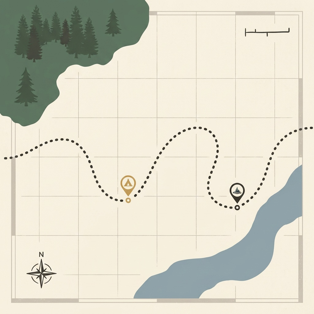 Illustration of a dotted route curving past a camp pin and a lakeside marker