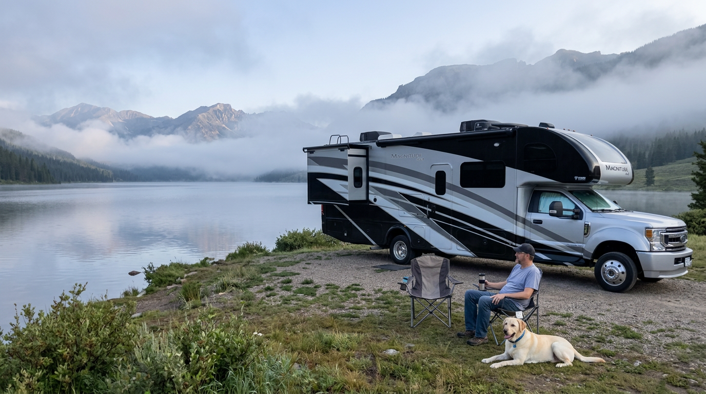 RV camped beside a misty mountain lake in the morning with camp chairs and a yellow lab