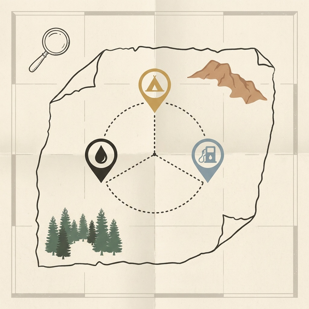Illustration of a torn map with camp, water and fuel pins around a search radius