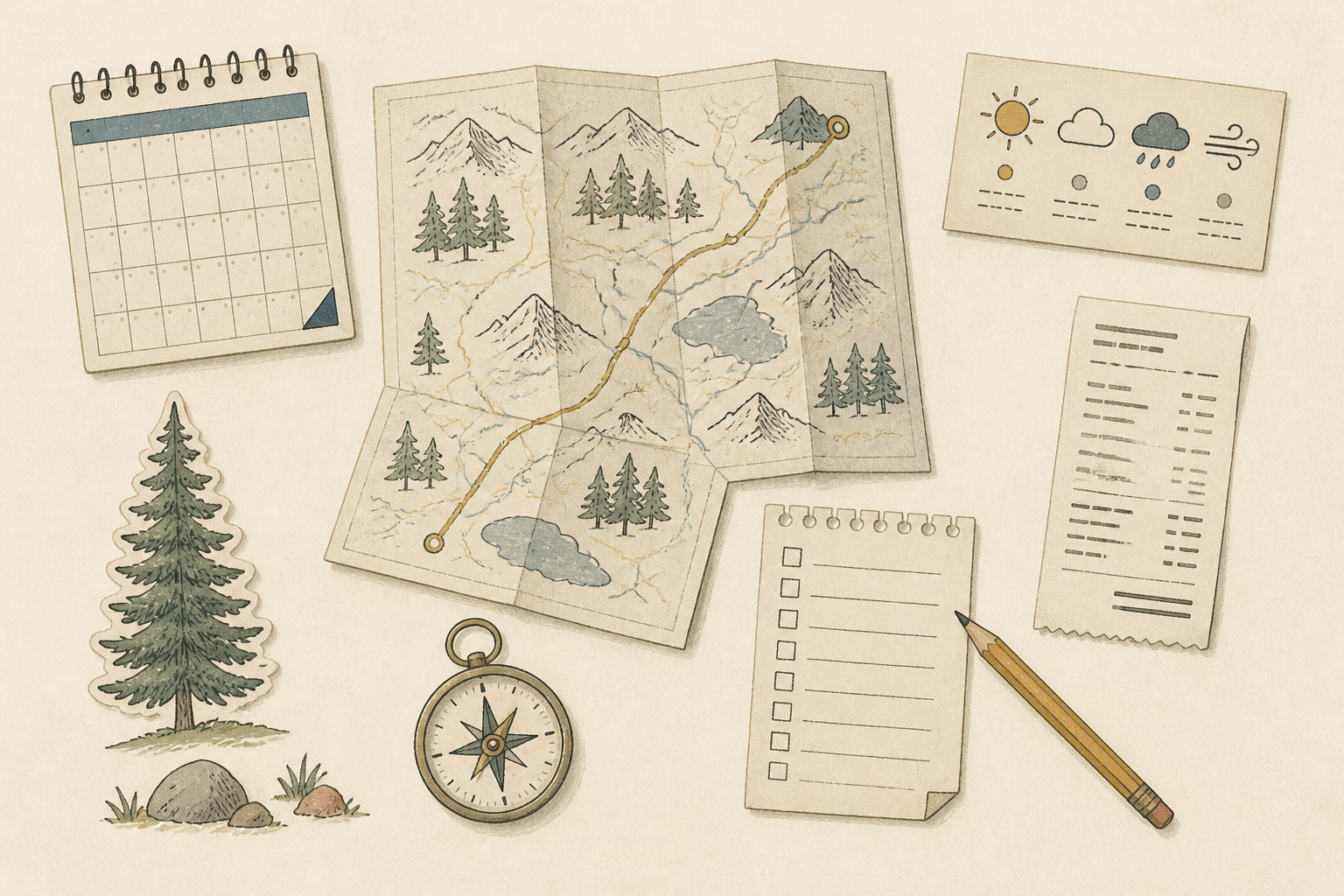Illustrated travel desk with a route map, calendar, weather card, receipt, checklist and compass