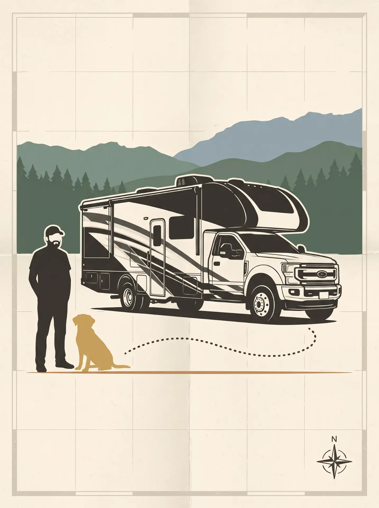 Illustration of Joe standing beside his Thor Magnitude super-C RV with Kona the yellow lab