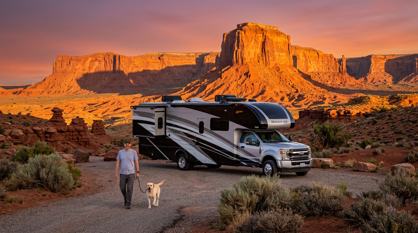 RV at a red rock desert pull-off at sunset while a man walks a yellow lab