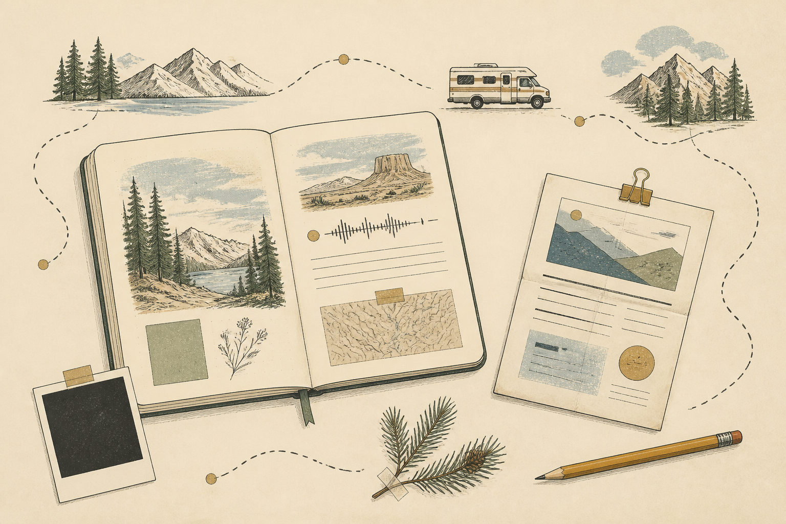 Illustrated open field notebook with a travel photograph, audio waveform, permit, pencil and dotted route